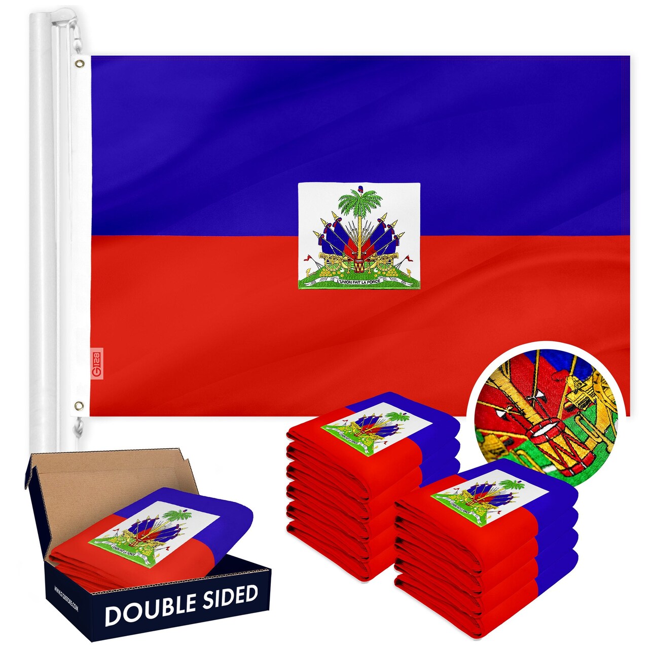 G128 10 PACK: Haiti Haitian Flag 3x5 Ft Double Sided Embroidered 210D Indoor/Outdoor, Brass Grommets, Heavy Duty Polyester
